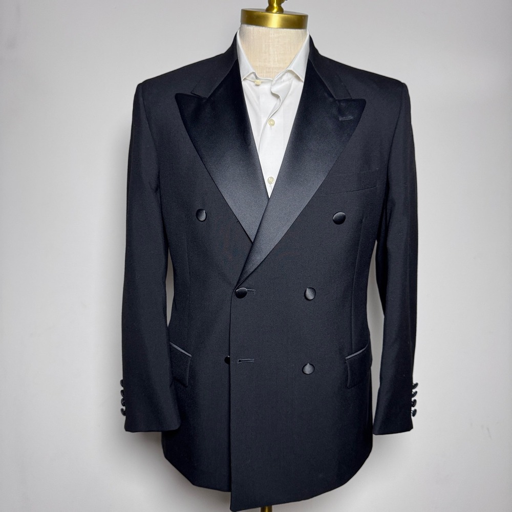 Tuxedo Jacket Mens 38R Black Solid Vintage Double Breasted Peak Lapel